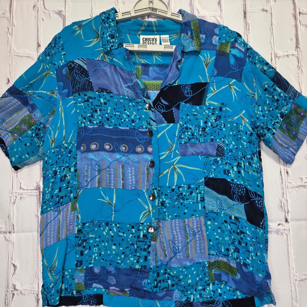 VTG Chicos Design Blue Patchwork Floral Embroidery Rayon Button Down Shirt Sz 2